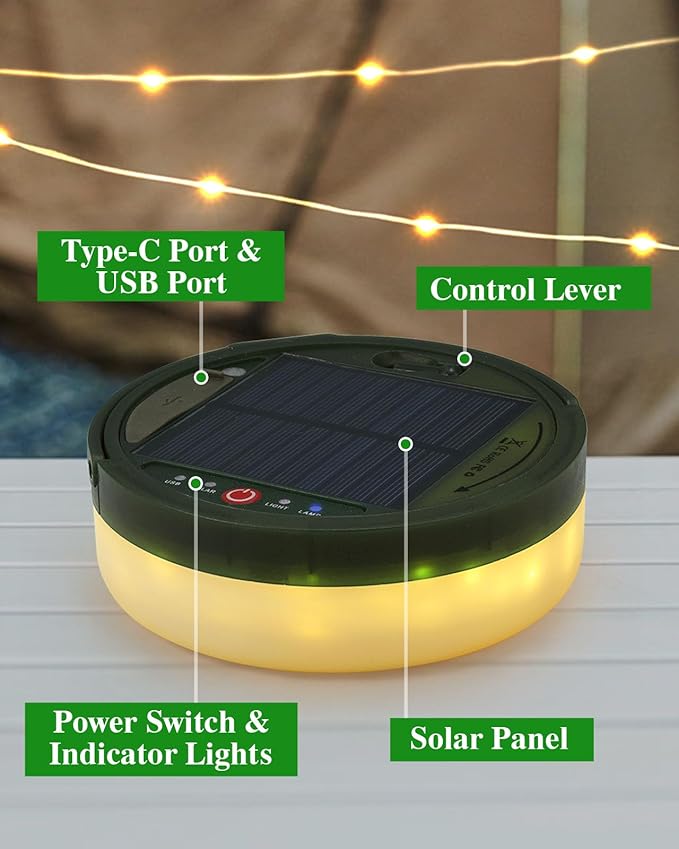 Anpro Solar Camping String Lights 4 in 1: 39.4Ft Ultra Long 150LEDs, 3600mAh Outdoor String Lights Solar Powered and USB Rechargeable Light with Remote Control, Portable Camping Light for Hiking