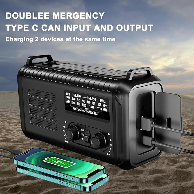 Hand Crank Emergency Radio, NOAA/AM/FM Weather, Solar Powered, 5000MAH Rechargeable Battery with USB Charging (Black)