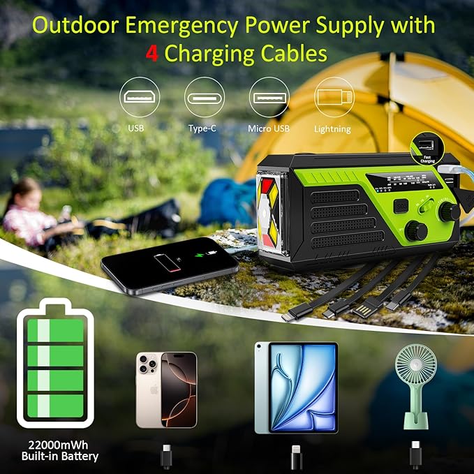 Weather Radio 22000mWh AM FM NOAA Emergency Radio with 4 Charging Cables, Flashlight, Reading Light, SOS Alarm, Phone Charging Hand Crank Radio for Home Outdoor Emergencies.