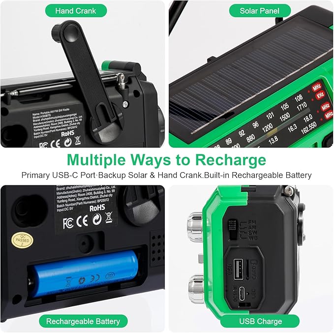 Hand Crank Emergency Weather Radio with 2600mAh/9620mWh Power Bank, NOAA AM FM Shortwave Portable Radio, Solar & USB-C Charging, Flashlight, SOS Alarm for Emergency Kits (Green)