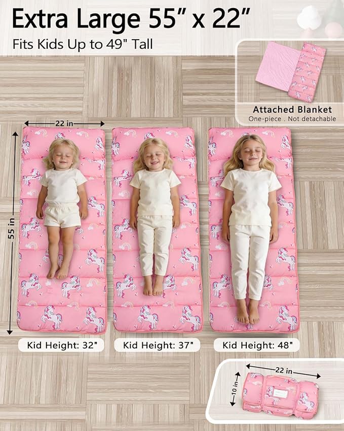Primlect Thickened Toddler Nap Mat with Removable Pillow and Minky Blanket, Extra Large 55''x35'' Sleeping Bag, Washable, Roll up, Perfect for Daycare, Preschool, Kindergarten, Boys and Girls Pink