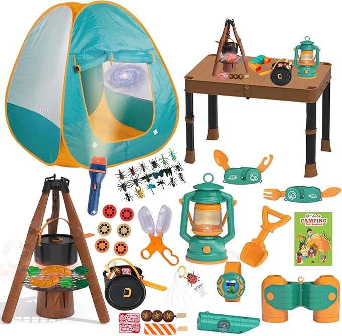 Qtioucp Kids Camping Set 50pcs with Folding Storage Table/Tent & Children’s Projector Flashlight- Outdoor Campfire Toy Set for Toddlers Kids - Pretend Play Camp Gear Tools for Birthday Christmas