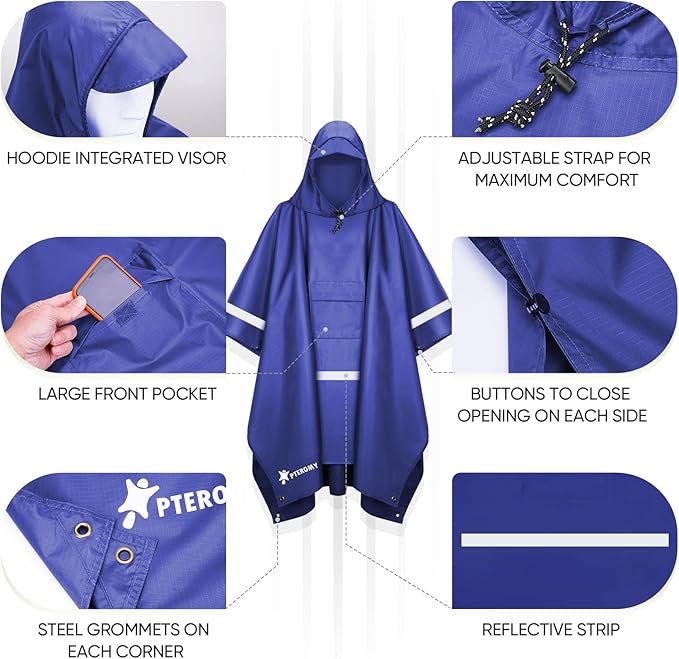 PTEROMY 3-in-1 Hooded Rain Poncho for Adult with Pocket, Waterproof Lightweight Unisex Raincoat for Hiking Camping Emergency