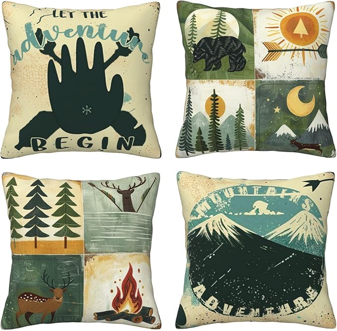 Best Gifts Set of 4 Throw Pillow Cover Bear Adventure Mountains Arrow Campfire Outdoor Forest Trees Let's Go Camping Travel Cushion Case Double-Sided Plush Decorative Pillowcase 18"X18" (Green 4)