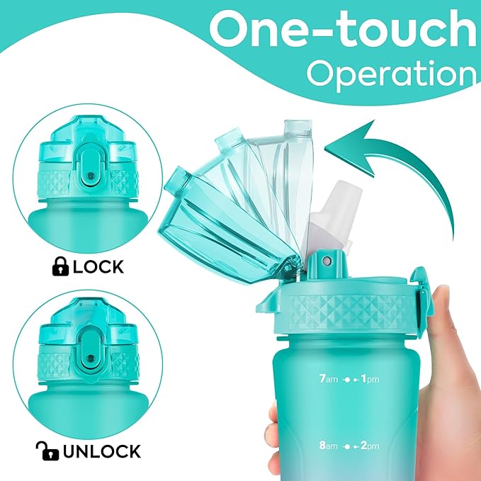 OLDLEY Kids Water Bottle with Straw 15 oz BPA-Free Leak-Proof Motivational Water Bottles with Time Marker for School Sports Travel Gym, Easy to Use for Girls Goys, 1 Straw Lid, Mint Purple