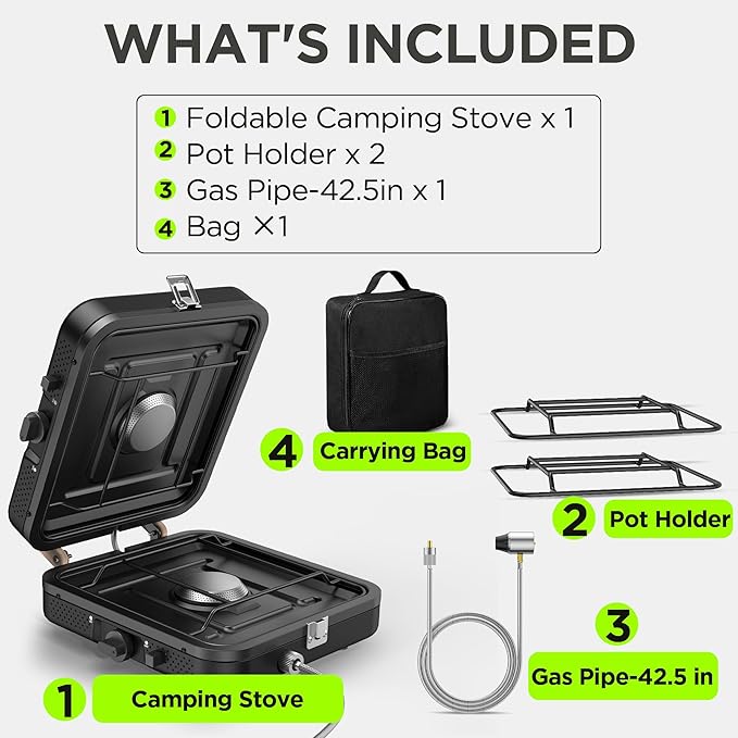 Propane Gas Stove, 17500 BTU, 2 Burner Folding Portable Camping Stove with Carrying Bag, Built to Last, Camp Stove for Camping, Car Travel, Yard Parties, Outdoor Cooking, Backpacking Grill Propane
