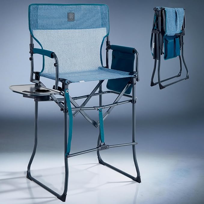 EVER ADVANCED Portable 30.7" Seat Height Tall Folding Camping Chair Directors Chair High Foldable Bar Stool with Side Table for Makeup Artist, Sports Event, Craft Show, Stretch Mesh, Supports 350LBS