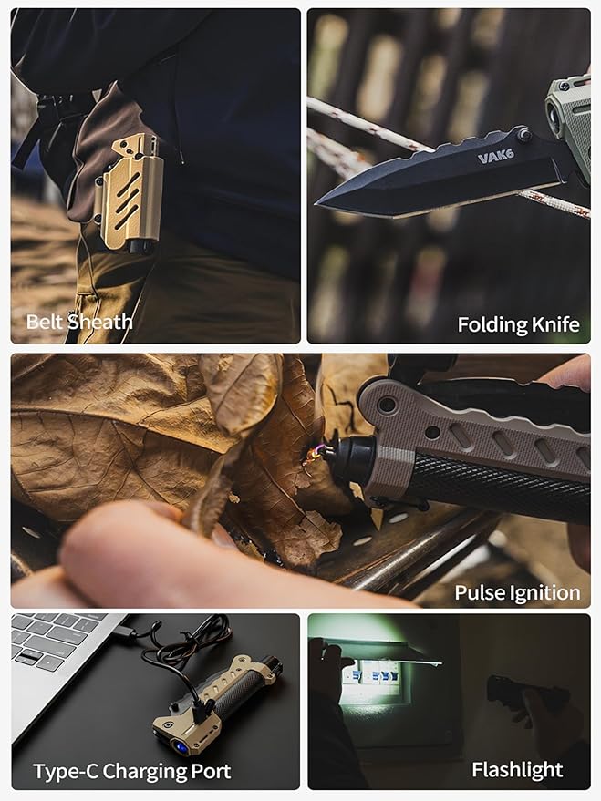 VIPERADE VAK6-S Survival Multitool with Folding Knife, LED Flashlight and Pulse Ignition, EDC Pocket Knife for men, Rechargeable Flashlight with Belt Sheath (Black)