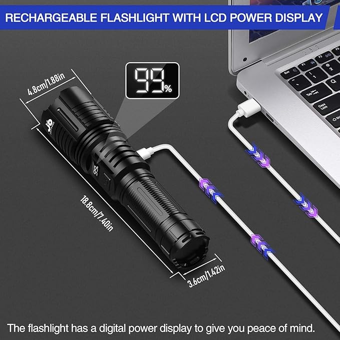 JAY-PARK Rechargeable Flashlights 10000 Lumen, LED Flashlight with Digital Power Display and Zoomable, Flashlights High Lumen Super Bright Long Distance for Camping, bushcraft, Outdoor