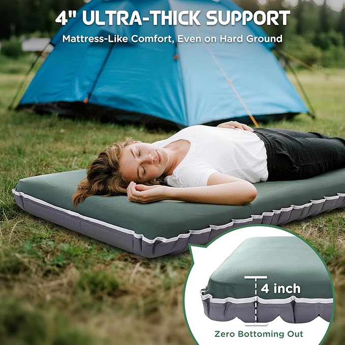 Elegear Air & Foam Self-Inflating Sleeping Pad, CumbreX™ 4" Ultra-Thick Memory Foam Camping Mattress Pad with Air Pump, Compact R-Value 9.5 4-Season Camp Mat for Travel Outdoor - Single Army Green