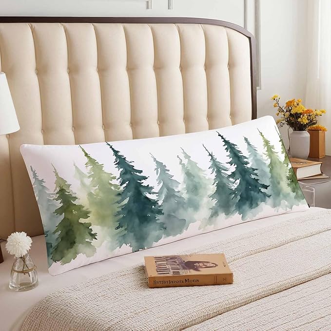 Couch Pillows Decorative Body Pillow Cover Watercolor Forest Fir Trees Rectangle Body Pillowcase for Men Women, Winter Body Pillow Covers 20" X 54" Cushion Cases for Sofa Bed, Green