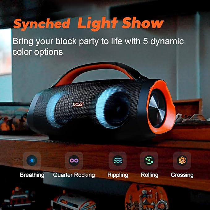 DOSS Extreme Boom Pro 100W Loud Outdoor Speaker, 2+2 Channel, IPX6 Waterproof, Bluetooth 5.3, 20H Playtime, Dynamic RGB Lights, Portable Speaker for Camping, Beach, Pool, Working Outside - Orange