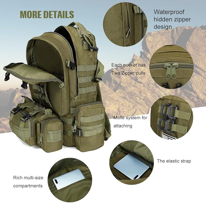 Large Military Tactical Backpack for Men, 40-50L Backpacks for Women, Bug out Bag Army 3 Days Pack Bags Rucksack with Molle System Green