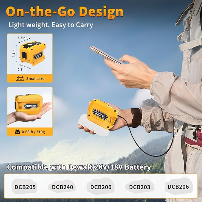 Kzreect 220W Power Inverter Compatible with DeWalt 20V/18V Batteries (Battery Not Included), DC to 110V AC Converter with 1 AC Outlet, USB-C, Dual USB-A & 400LM LED – Outdoor, Camping, Emergency Use