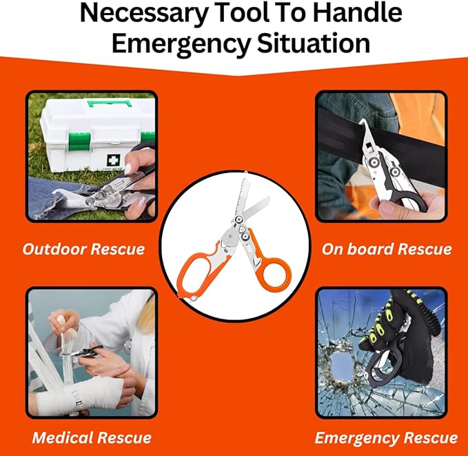 6 in 1 Multifunctional Trauma Shears Foldable With Strap Cutter | Heavy Duty Stainless Steel Emergency Response | Survival Shears With Holster | Medical Tactical | Orange