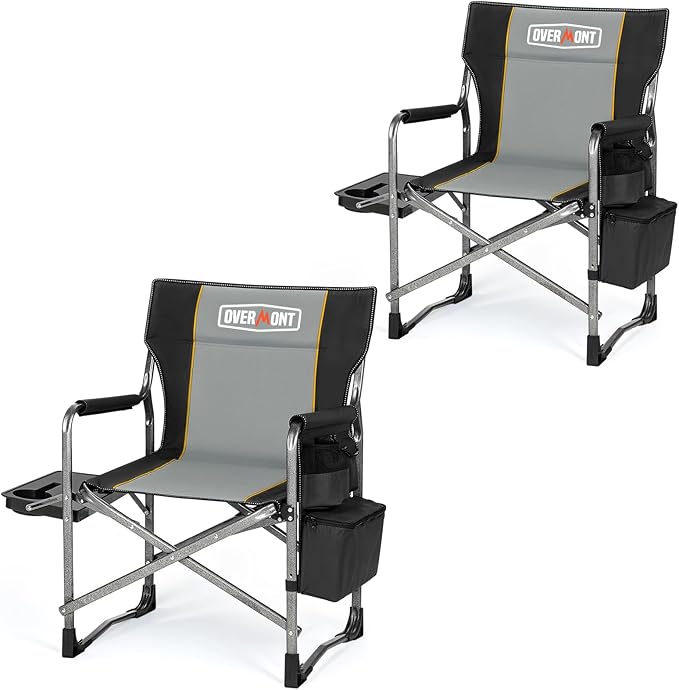 Overmont 2PCS Oversized Lightweight Camping Chair - Portable Comfortable Heavy Duty Foldable Directors Chairs with Side Table & Cooler Bag for Outside Camp Beach Picnic Lawn and Fishing Support 400lbs