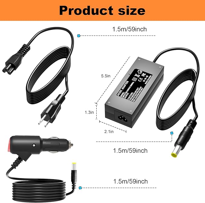 65W Power Adapter with 65W Car Charger for Anker Portable Power Station A1720, Anker 521/523/533, A1730/A1731, Powerhouse II 300 (256Wh/288Wh/389Wh), and 300W/200W Solar Power Station