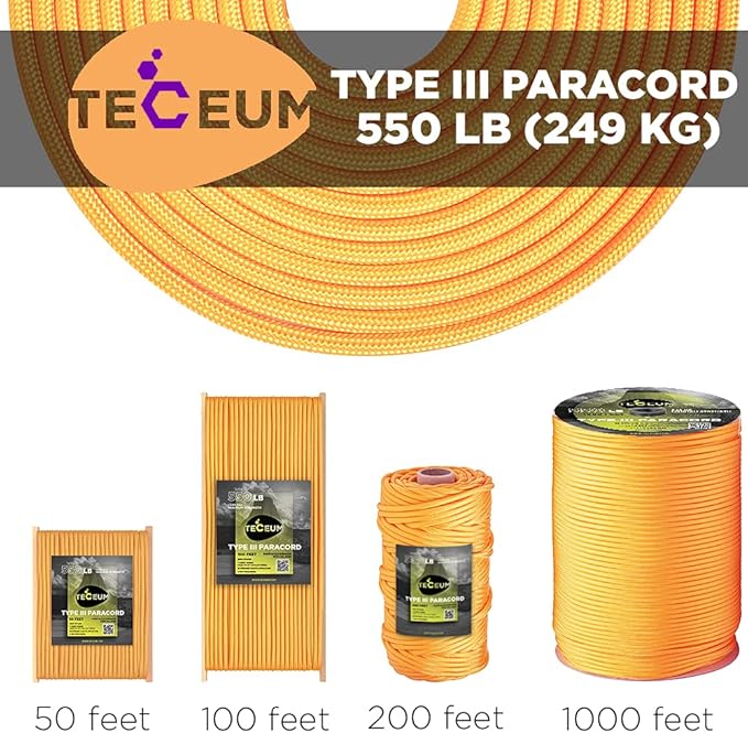 TECEUM Reflective Paracord Rope 1000 – 1000ft/200ft/100ft/50ft – 40+ Colors – Glow in The Dark – para Cord – Utility Rope for Survival, Hunting & Camping Gear – Nylon String, Camping Rope, Tent Cord