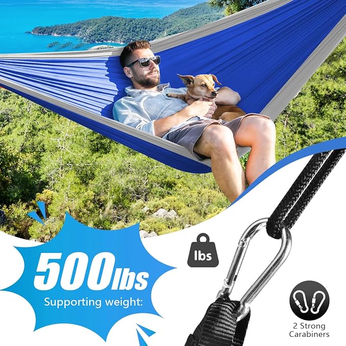 OBTANIM Camping Hammock 500lbs Portable Lightweight Single or Double Hammock with Tree Straps and Carry Bag for Camping Backpacking Hiking Travel Beach Outdoor Indoor (Gray and Dark Blue)