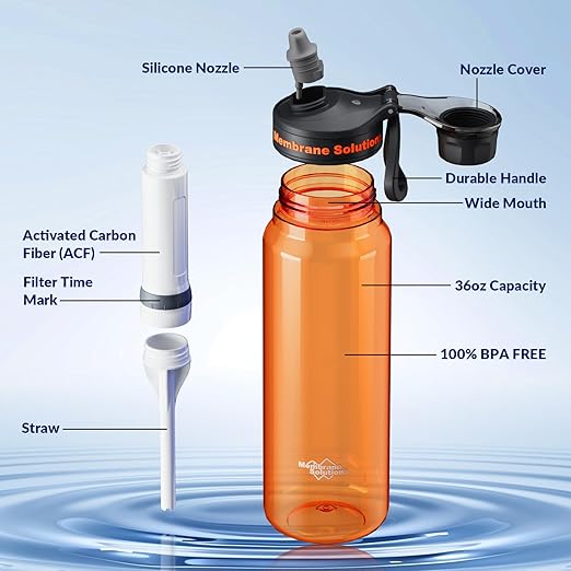 Filtered Water Bottle, Membrane Solutions C3 Water Bottle Filter with Replaceable ACFX2 Filter Cartridge, Portable Water Filter 36oz BPA-Free for Travel, Hiking & Camping Drinking use(Orange)