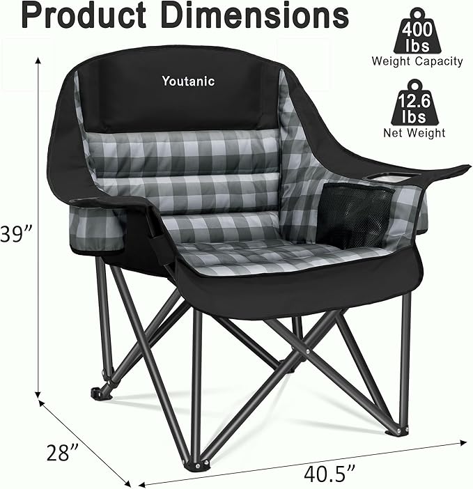 Youtanic Padded Camping Chairs for Adults, Heavy Duty 400 lbs Foldable Lawn Chair, Oversized Ergonomic Outdoor Seat with Classic Plaid Design, Cup Holders & Storage Pockets for Fishing, Sports, Black