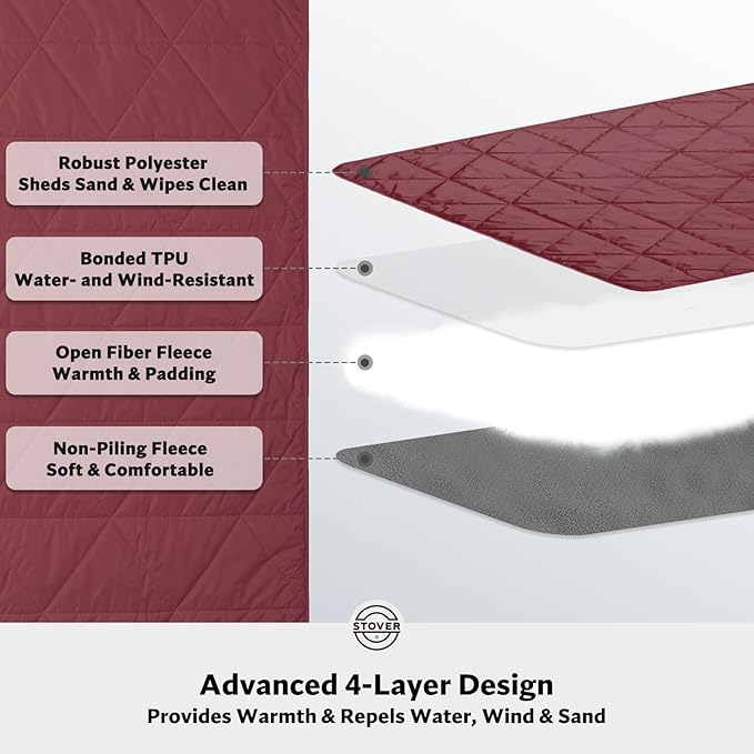 STOVER Large Waterproof Outdoor Stadium Blanket- Extra Thick Soft Fleece Camping Blanket for Travel, Picnics, Sports, 79"x55", Warm, Windproof, Sand-Proof, Lightweight, Packable (Game Day Crimson)