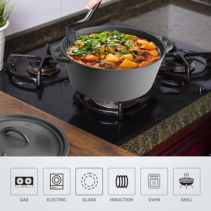 Northriver Casting 3 QT Cast Iron Dutch Oven with Lid – Pre-Seasoned Round Pot for Baking Bread, Stews & Camping – Small Dutch Oven for Oven, Stove, and Campfire Cooking