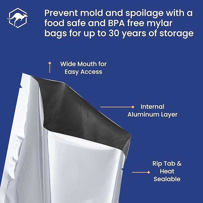 Wallaby 50 Count 1-Cup Mylar Bags with Labels, 10 Mil Total Thickness Long-Term Food Storage Pouches, 5x7 Heat-Sealable Airtight Packaging - Silver