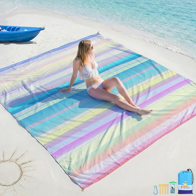 BYDOLL Beach Blanket 78''X81'' Waterproof Sandproof Suits1-4 Adults Oversized Lightweight Large Blanket Picnic Mat for Beach Sand Free Travel Camping Hiking Picnic