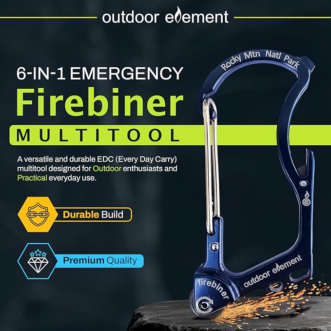OUTDOOR ELEMENT Firebiner Custom Engraved 6-in-1 Fire Starter Carabiner Multitool – Survival Gear EDC Keychain with Utility Blade, Bottle Opener, Screwdriver, Emergency Tool