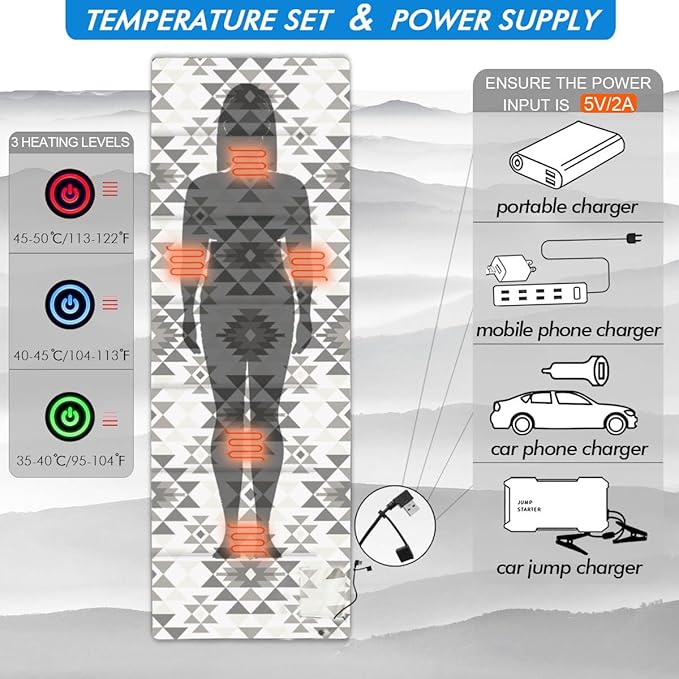 Heated Sleeping Bag pad, 3 Adjustable Temperature Levels, Operated by 5V/2A USB Power Supply (Bohemia, 76" x 24")