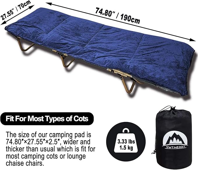 Sleeping Cot Pads (75" x 28") with Elastic Straps Portable for Outdoor & Hiking, Cotton Soft Thick Camping Cot Pad, Non-Slip Camping Mattress Pad for Camp Cot/Rv Bunk/Narrow Twin Beds
