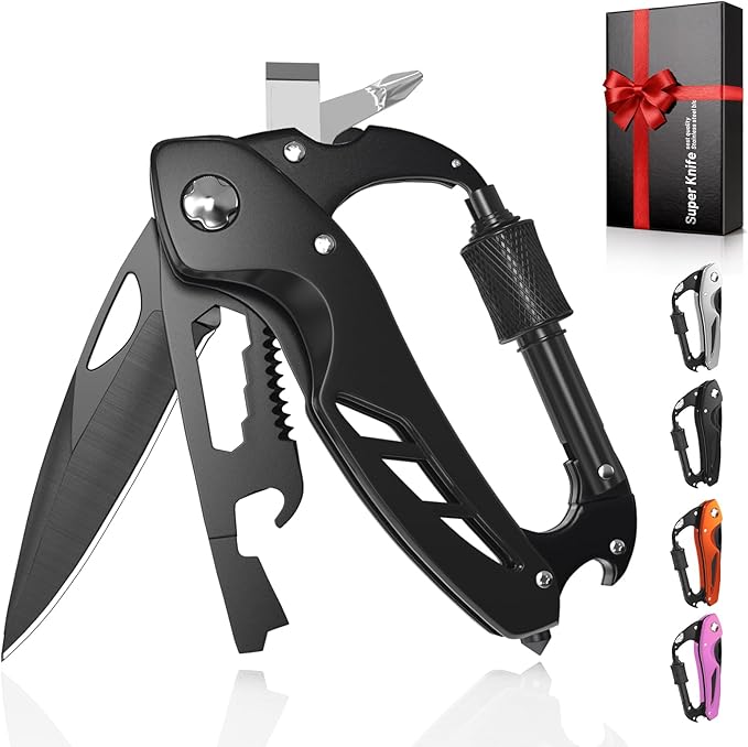9 in 1 Multitool Carabiner with Pocket Knife, Stocking Stuffers Gifts for Men, EDC Carabiners with Folding Knives, Bottle Opener, Window Breaker and Screwdriver, Survival Gear for Camping Hiking