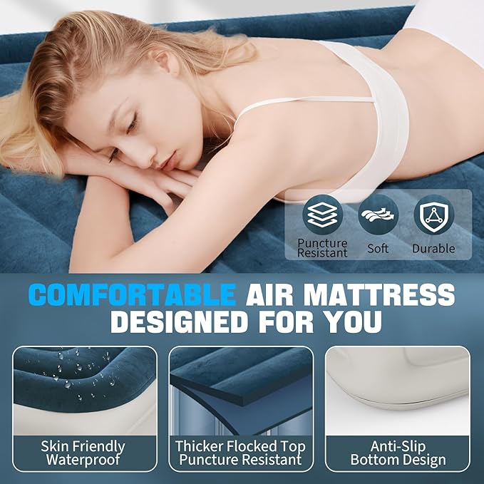 VOSSER Queen Air Mattress with Built-in Pump,18''Fast & Easy Inflation/Deflation Inflatable Mattress, Foldable Blow Up Mattress with Storage Bag, Inflatable Bed for Home, Camping & Guests