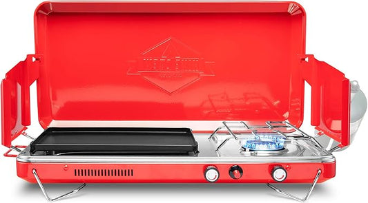 Hike Crew 2-in-1 Gas Camping Stove and Griddle, Portable Propane Burner w/Integrated Igniter & Stainless Drip Tray | Built-in Carrying Handle, Foldable Legs & Wind Panels | Includes Regulator