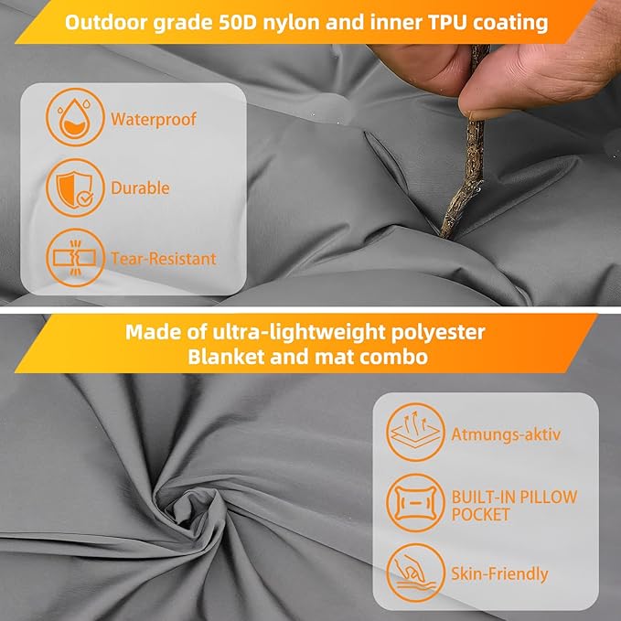 Extra Thick Camping Sleeping Pad – Self Inflating Camping Mat with Ultralight Sleeping Bag Liner, Backpacking Camping Pad with Pillow & Foot Pump for Outdoor Hiking, Tent, Travel (Gray)