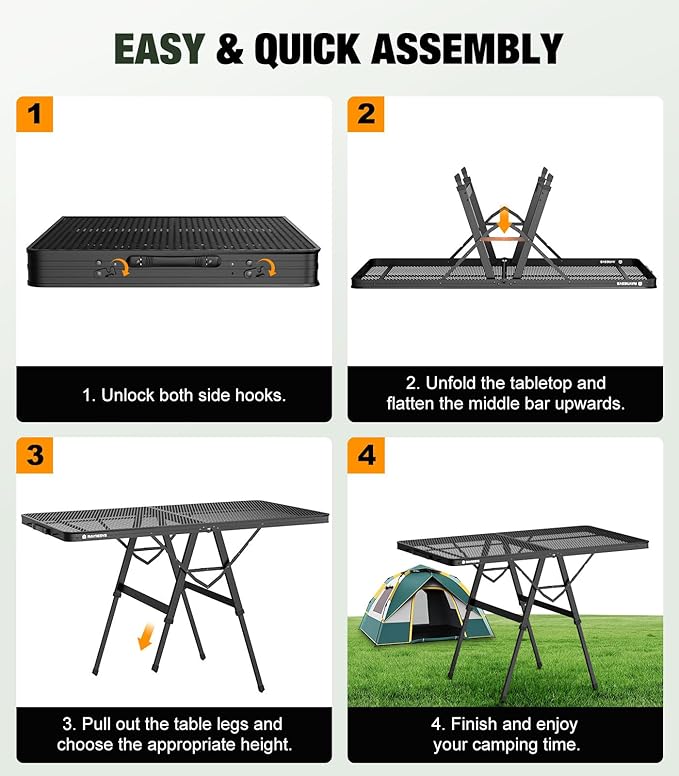 Raynesys Foldable Grill Table with Mesh Desktop, 200lbs 4Ft Portable Folding Table, Height Adjustable Metal Table for Ourdoor, Camping, Picnic, BBQ and Beach, RV, 47.24" L x 23.62" W