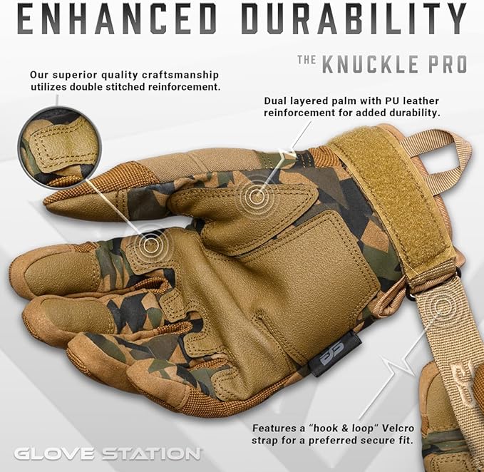 Glove Station Tactical Gloves for Men – Touchscreen Utility Gear with Hard Knuckle Protection Used in Motorcycle, Airsoft, Combat, Police, Shooting & Outdoor Work Camouflage - Hard Knuckle Small