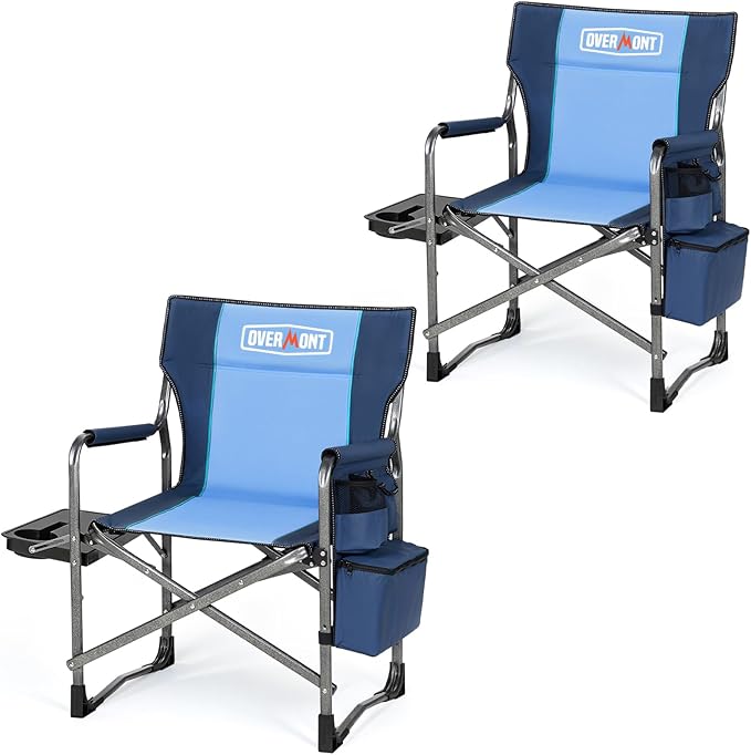 Overmont 2PCS Oversized Lightweight Camping Chair - Portable Comfortable Heavy Duty Foldable Directors Chairs with Side Table & Cooler Bag for Outside Camp Beach Picnic Lawn and Fishing Support 400lbs