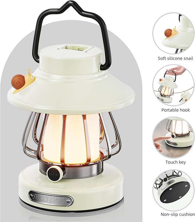 HOMY Snail Camping Lantern for Kids USB Rechargeable, 3 Color Dimmable LED Light, Portable Outdoor Indoor Night Light for Toddlers, Tent, Bedroom & Power Outages (Milk White)