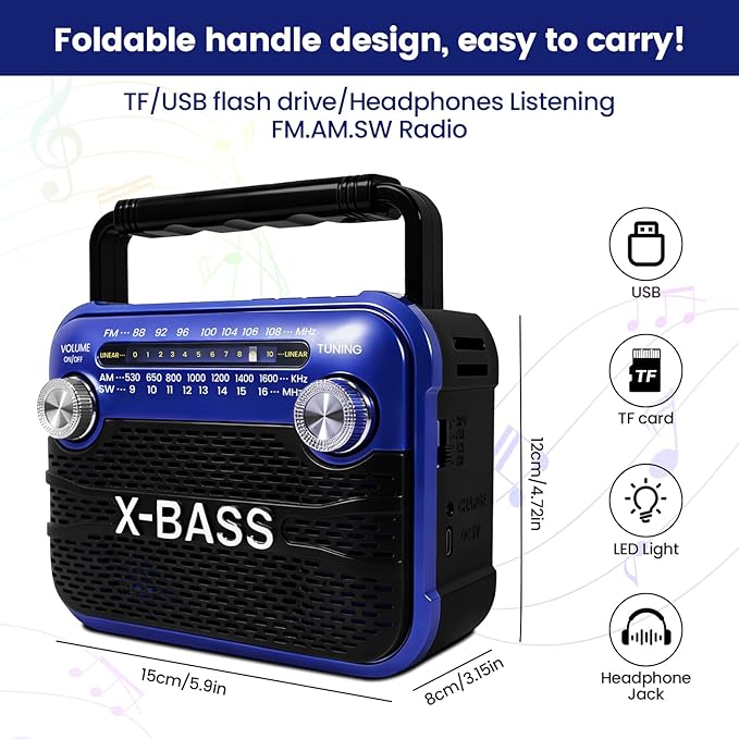 Portable AM/FM/SW Shortwave Radio with Bluetooth 5.0,Support USB/TF Player,D Battery Operated/USB Charge,Digital Tuner & Earphone Jack,Emergency Flashligh, Perfect for Gifts/Elderly/Home
