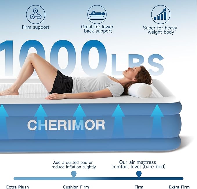 CHERIMOR Twin Air Mattress with Built in Pump, 16" Upgraded Firmness Blow Up Mattress, Multi-Layer Leakproof, Heavy-Duty Support Air Bed, 2-Min Inflation for Home Guests & Camping
