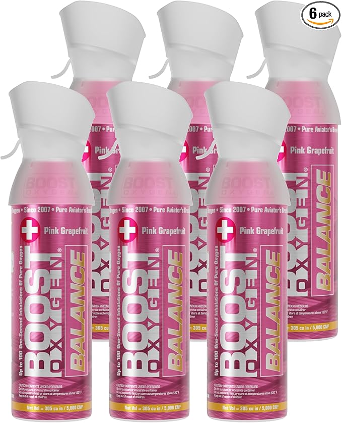 Boost Oxygen Medium Balance Pink Grapefruit Aroma 5L Canister | Respiratory Support for Aerobic Recovery, Altitude, Performance & Health (6 Pack)