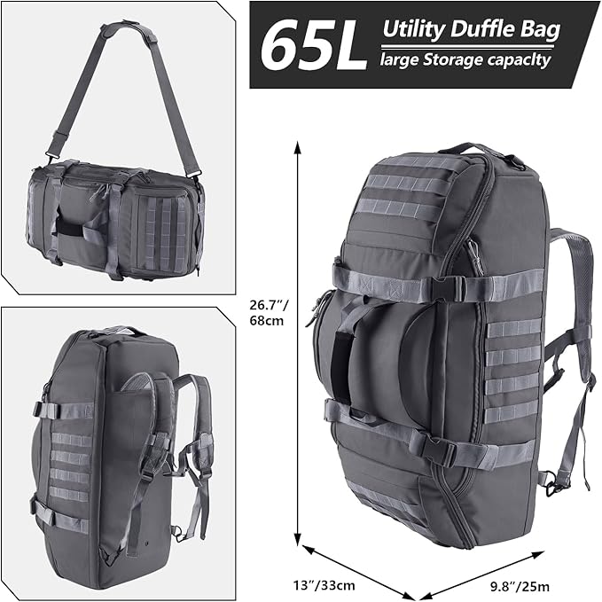 Hannibal Tactical 65L Large Duffle Bag, 3-in-1 Tactical Backpack MOLLE Pack for Sports, Gym, Outdoor, Grey