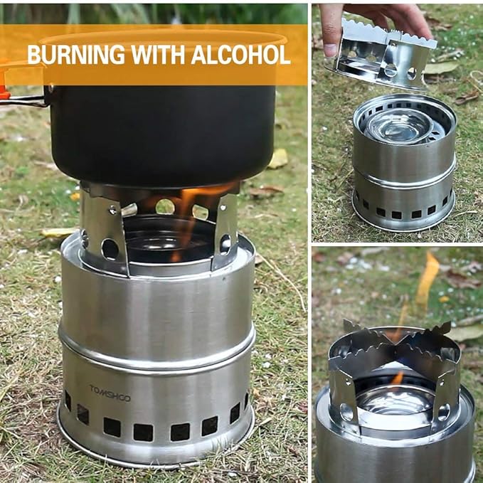 TOMSHOO Portable Folding Windproof Wood Burning Stove Compact Stainless Steel Alcohol Stove Outdoor Camping Hiking Backpacking Picnic BBQ
