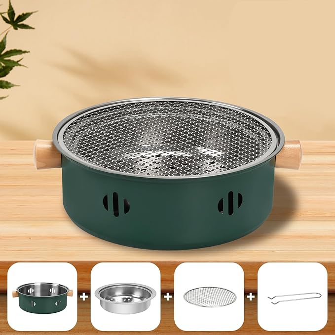 Portable Charcoal Barbecue Grill, 1pc Mini BBQ Grill Multifunctional Charcoal Grill Round Tabletop Charcoal Grill for Outdoor Cooking Home Party Picnic Camping (Green)