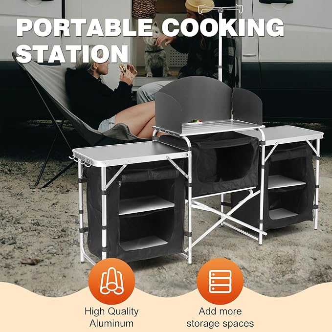 Camping Kitchen Table, Folding Table,Outdoor Cooking Table with Storage Carrying Bag, Aluminum Cook Station with Windscreen and 3 Multifunctional Storage Cupboards, BBQ, Outdoor, RV, Party