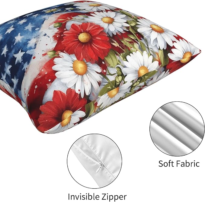 4th of July Flower Throw Pillow Covers 18 X 18 Inch Set of 4 Decorative Cushion Cover Home Decor for Sofa Chair Couch Bedroom Living Room