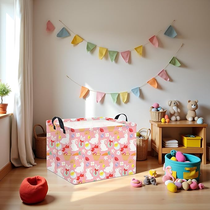 HIYAGON Rectangular Easter Basket Baby Girl Basket Fabric Storage Bin Organizer Box Room Decor(Bowknot Bunny)