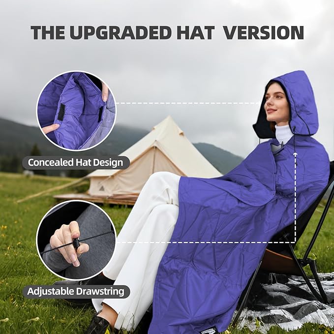 Large Outdoor Waterproof Blanket Extra Thick Fleece Stadium Blanket for Camping, Car, Pet, Picnics - Windproof, Wearable, Machine Washable 80" x 58" (Purple,Hooded)